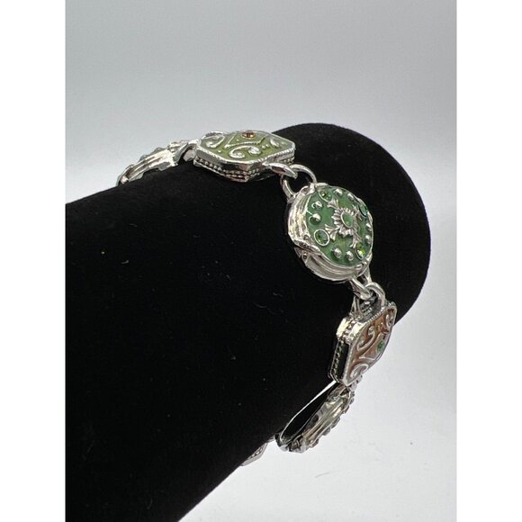 Vintage Style Silver-Tone Enamel Bracelet With Green & Brown Accents Floral & Sw - Picture 5 of 7